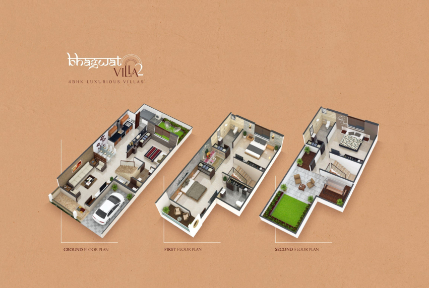  1, 2, &3BHK 3d Unit Plan